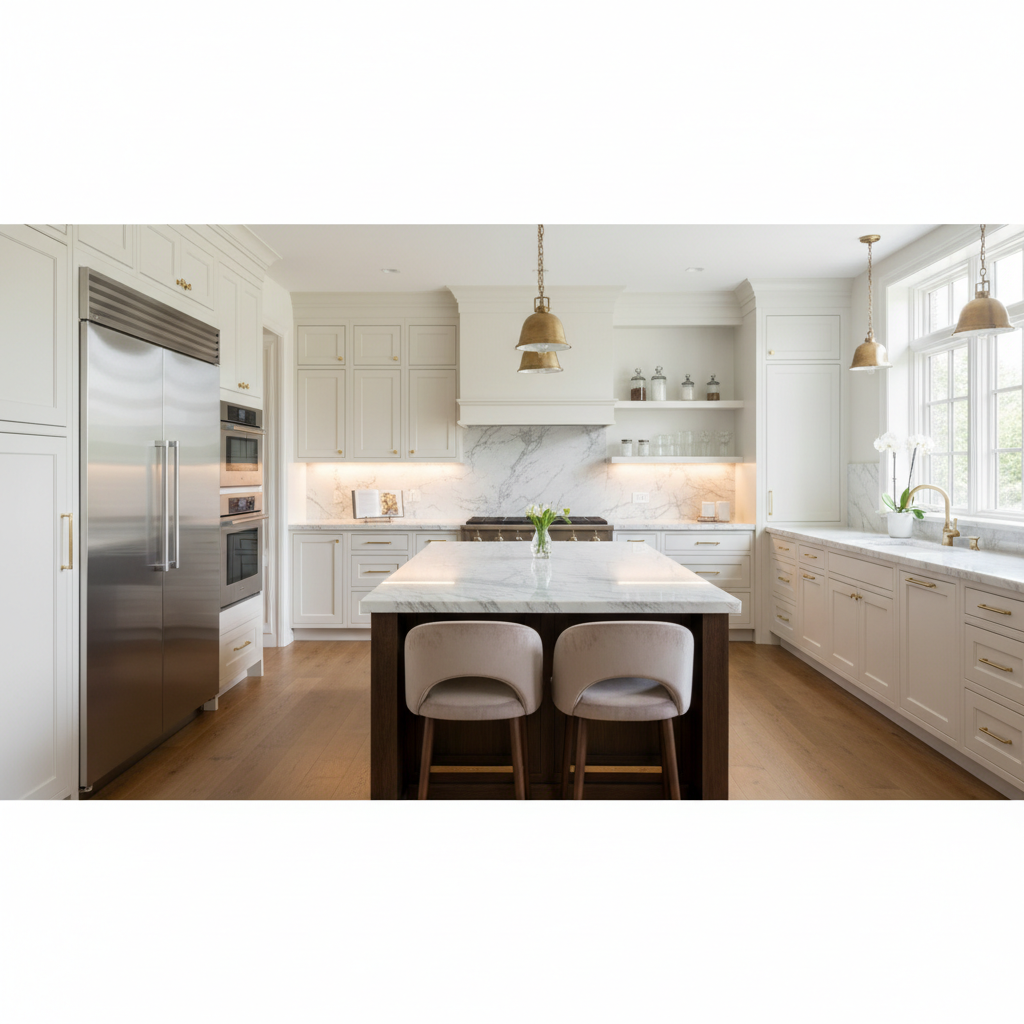 Upscale kitchen with integrated refrigerator and wall oven