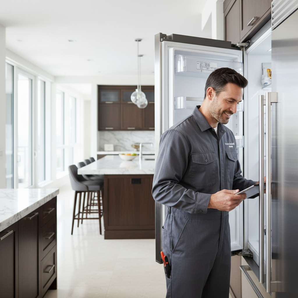 Professional appliance repair technician inspecting built-in Bosch appliance